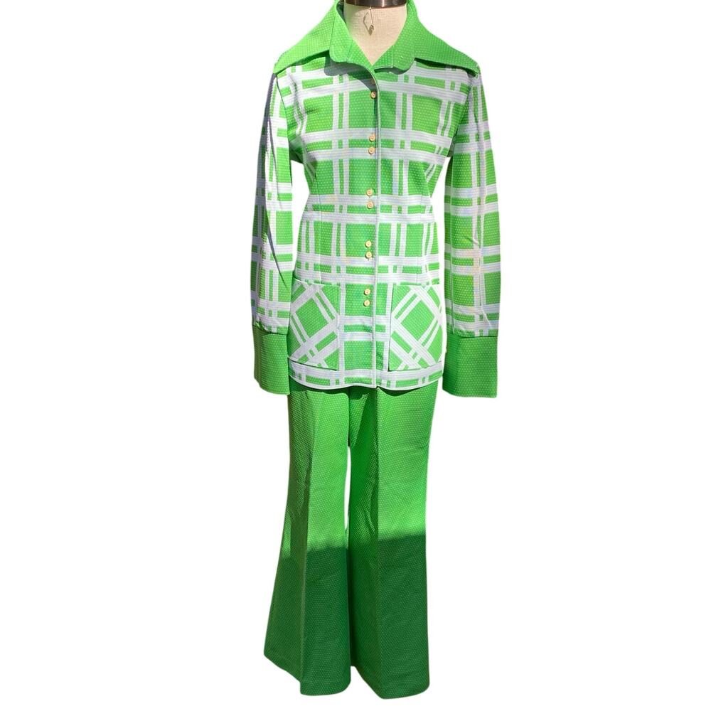 Vintage 1960's Jantzen Polka Dot Plaid Women's Leisure Suit Green Size 14